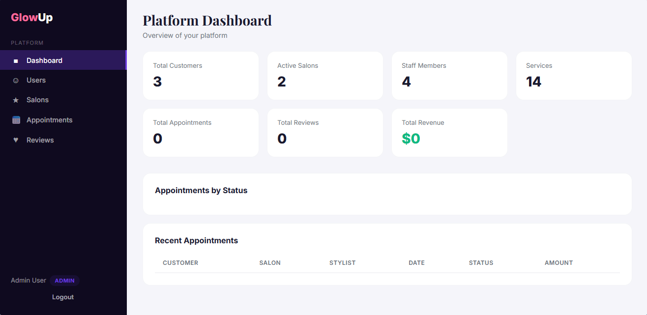 GlowUp salon booking platform interface