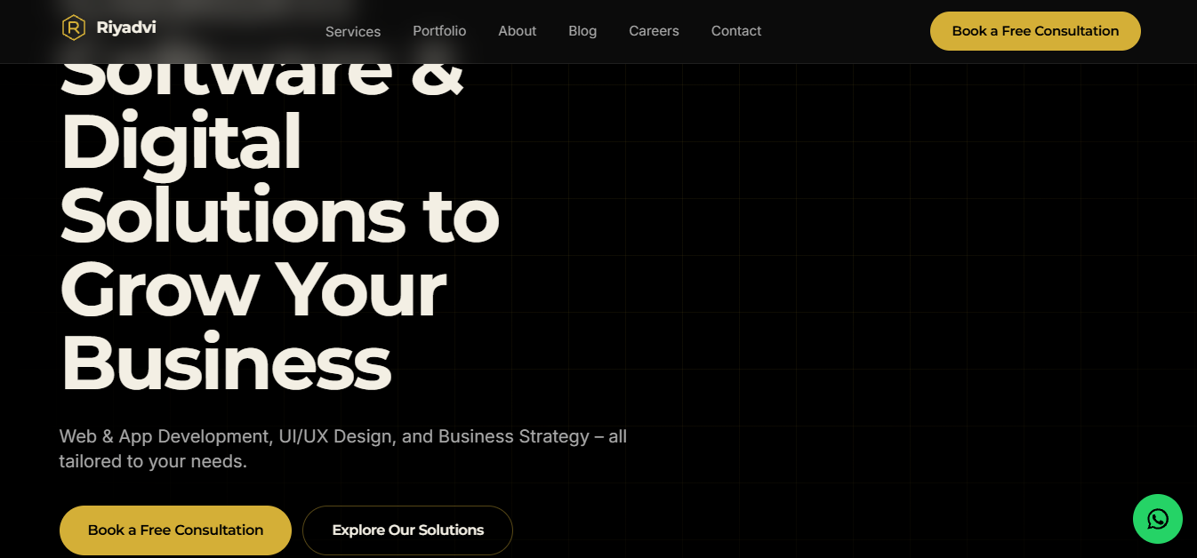 Riyadvi company assessment website — dark and gold homepage